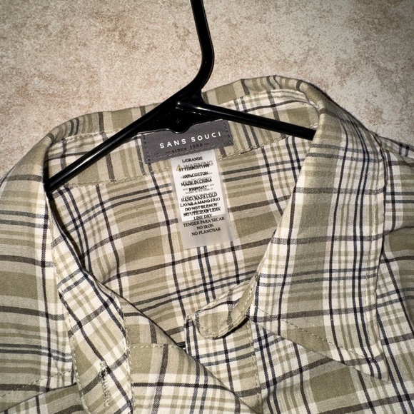 Sans Souci Vintage OG Olive Green Grey Cropped Long Sleeve Dress Blouse Shirt - Picture 2 of 3